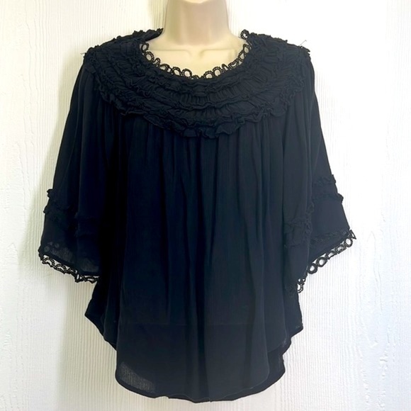 Anthropologie- Black Gauze Ruffles Neck And Sleeves Short Sleeve Blouse SZ Small - Picture 2 of 12